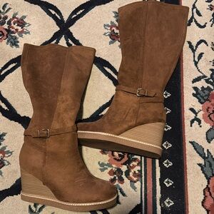 Brand New Never Worn Faux Suede Wide Calf Wedge Boots